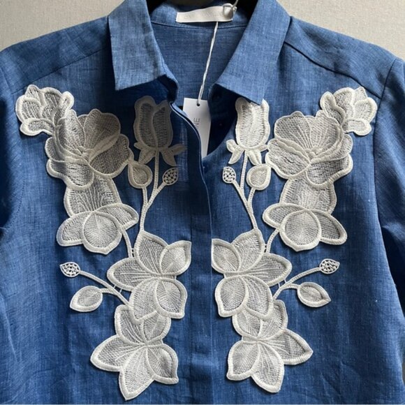NWT Anne Fontaine Citron Blue Linen floral Appliqué Button down Shirt - Picture 4 of 8